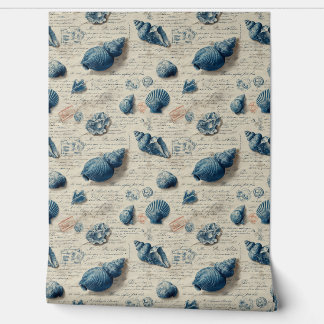 Coastal Blue Seashells On French Script Tapete