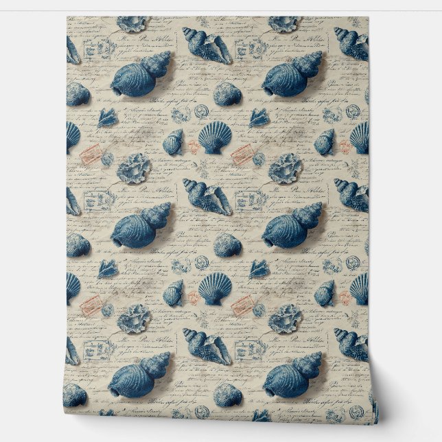 Coastal Blue Seashells On French Script Tapete (Abrollen)