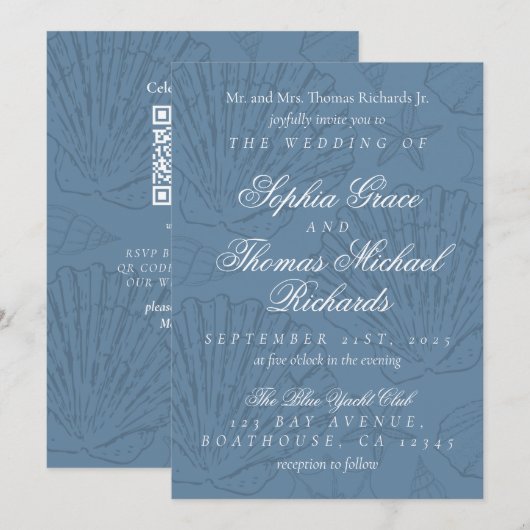 Coastal Blue Shell Destination Wedding Einladung (Vorne/Hinten)