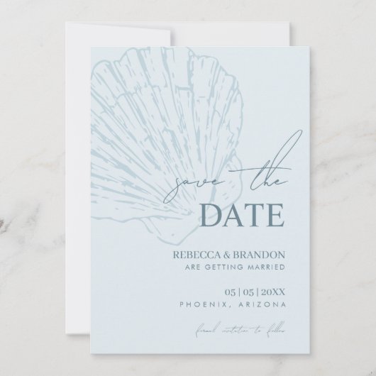 Coastal Blue Shell Hand Drawn Seashell Wedding Save The Date (Vorderseite)