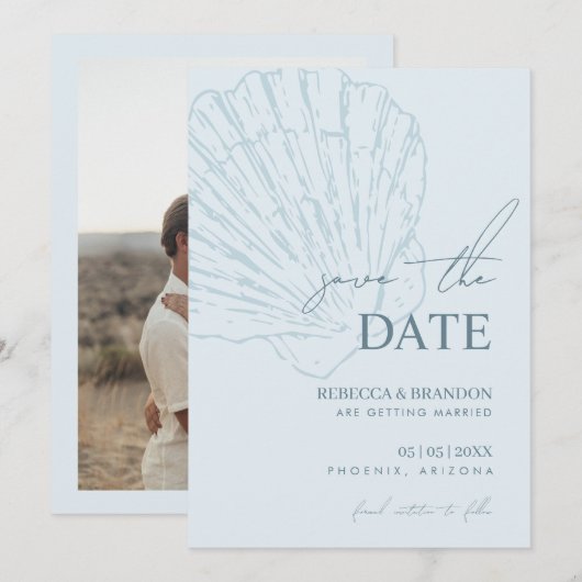 Coastal Blue Shell Hand Drawn Seashell Wedding Save The Date (Vorne/Hinten)