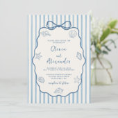 Coastal Blue Stripe Whimsical Hand Drawn Wedding Einladung (Stehend Vorderseite)