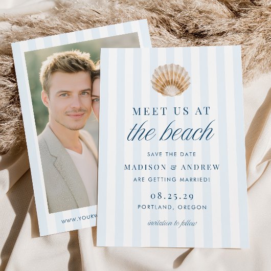 Coastal Blue Stripes Shell Beach Photo Wedding Save The Date