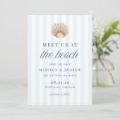 Coastal Blue Stripes Shell Beach Wedding Save The Date (Stehend Vorderseite)