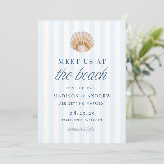 Coastal Blue Stripes Shell Beach Wedding Save The Date (Stehend Vorderseite)