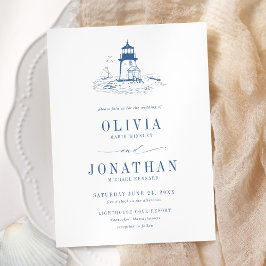 Coastal Blue Toile Lighthouse Wedding Einladung