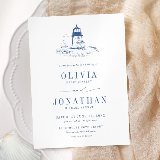 Coastal Blue Toile Lighthouse Wedding Einladung