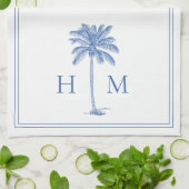 Coastal Blue und White Palmetto Palm Monogram Geschirrtuch (Gefaltet)