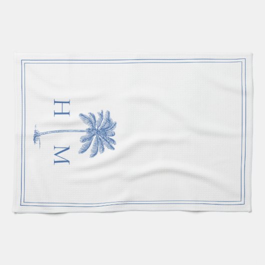 Coastal Blue und White Palmetto Palm Monogram Geschirrtuch (Horizontal)