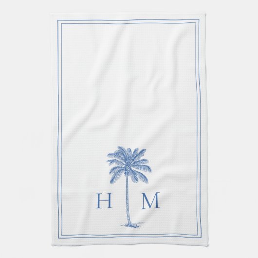Coastal Blue und White Palmetto Palm Monogram Geschirrtuch (Vertikal)