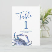 Coastal Blue Watercolor Crab Wedding Tischnummer (Stehend Vorderseite)