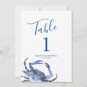 Coastal Blue Watercolor Crab Wedding Tischnummer (Rückseite)