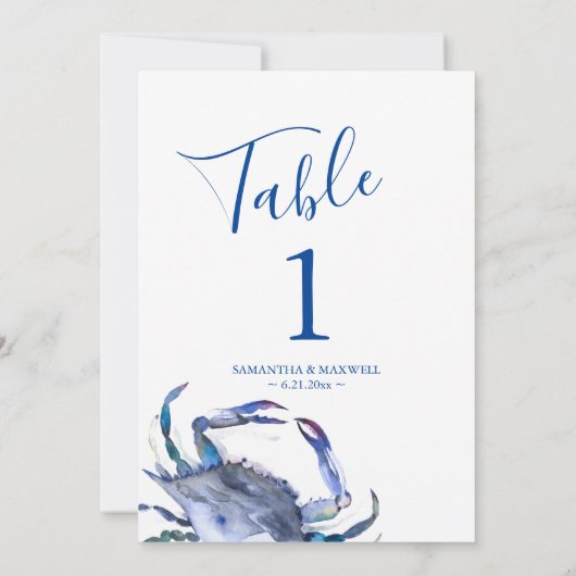 Coastal Blue Watercolor Crab Wedding Tischnummer (Rückseite)