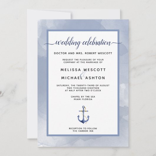 Coastal Blue Watercolor Nautical Event oder Hochze Einladung (Vorderseite)