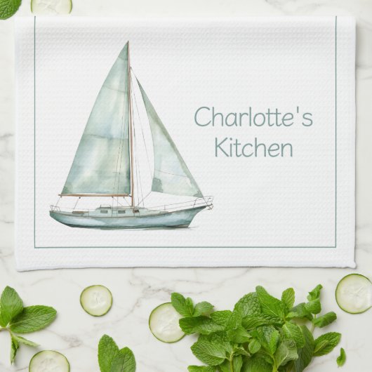Coastal Blue Watercolor Sailboat Personalized Geschirrtuch (Gefaltet)
