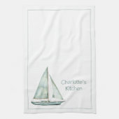 Coastal Blue Watercolor Sailboat Personalized Geschirrtuch (Vertikal)