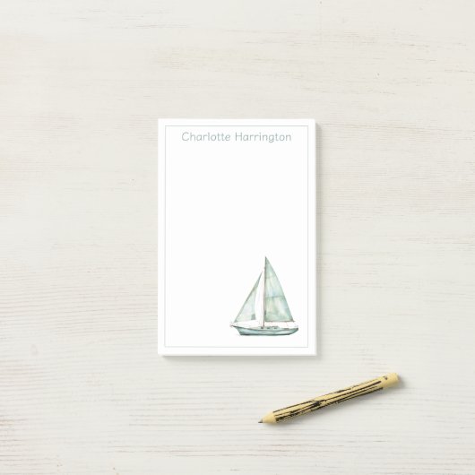 Coastal Blue Watercolor Sailboat Personalized Post-it Klebezettel (Auf Schreibtisch)
