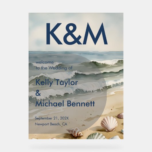 Coastal Blue Wedding Eintrag mit Initials Acrylschild (Vorderseite)