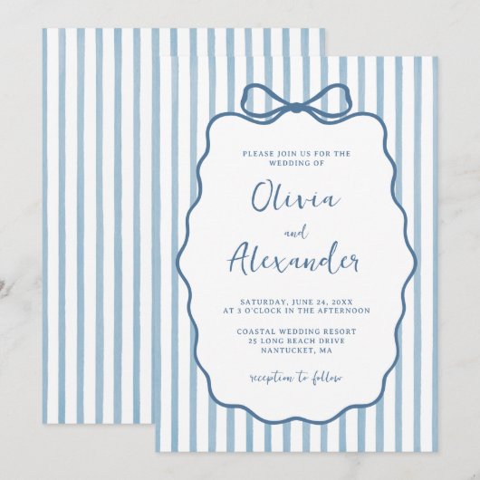 Coastal Blue Whimsical Stripe Bow Wedding Einladung (Vorne/Hinten)