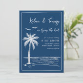 Coastal Blues Palm Tree Beach Wedding  Einladung (Stehend Vorderseite)