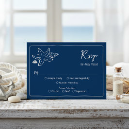 Coastal Blues Seashells & Script Wedding RSV RSVP Karte