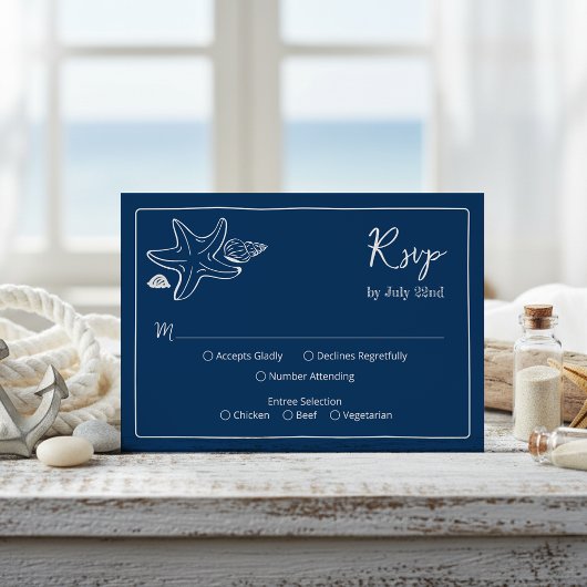 Coastal Blues Seashells & Script Wedding RSV RSVP Karte