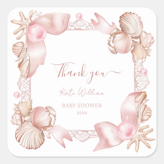Coastal blush pink Perle danke Ihnen Baby Dusche Quadratischer Aufkleber (Vorderseite)