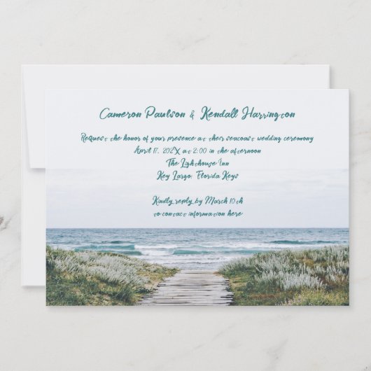 Coastal Boardwalk handgeschriebene Quill Pen Hochz Einladung (Vorderseite)