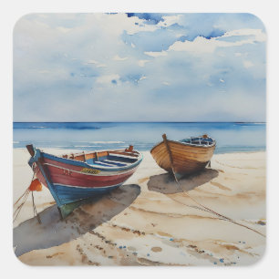 "Coastal Calm" Eine ruhige Wasserfarbenwelt Quadratischer Aufkleber