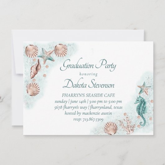 Coastal Chic | Abschluss Aquamarin und Korallenrif Einladung (Vorderseite)