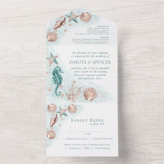 Coastal Chic | Aquamarine und Rose Gold Nautical W All In One Einladung (Innen Boden)
