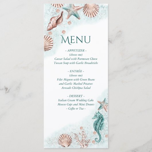 Coastal Chic | Aquamarines Party für Grüne und Kor Menükarte (Vorderseite)