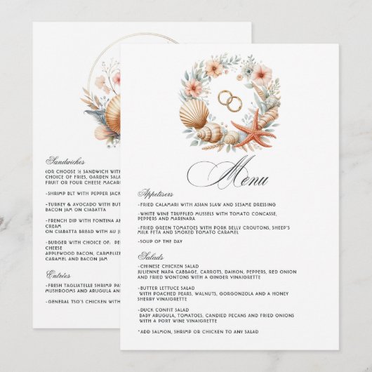 Coastal Chic Beach Hochzeit Menükarte (Vorne/Hinten)
