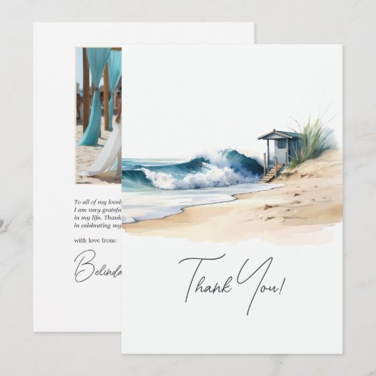 Coastal Chic Beach Wedding Foto Dankeskarte (Vorne/Hinten)