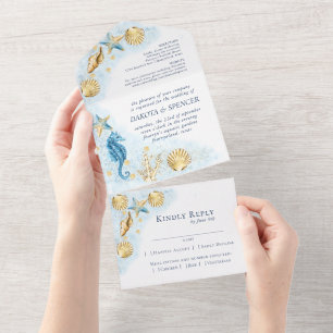 Coastal Chic Blue and Gold Coral Reef Wedding Al All In One Einladung