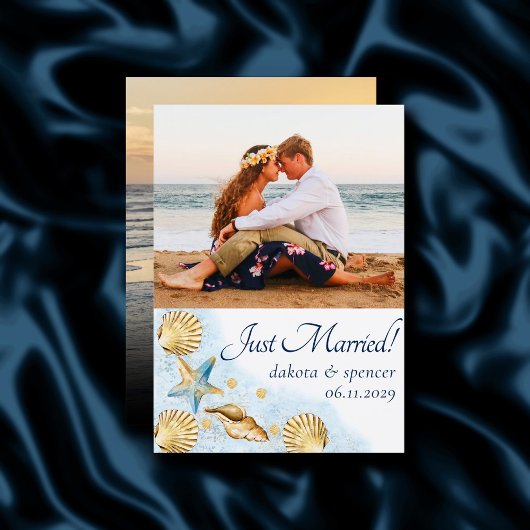 Coastal Chic | Blue Gold Coral Reef Foto Wedding Ankündigung