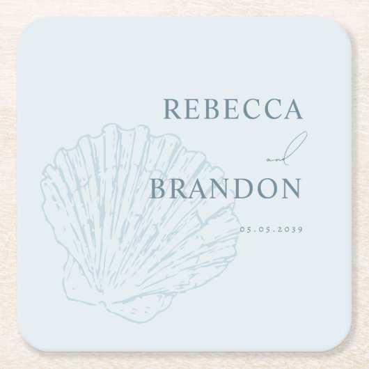 Coastal Chic Blue Hand Drawn Seashell Wedding Rechteckiger Pappuntersetzer (Vorderseite)