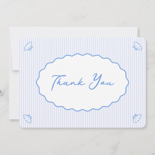 Coastal Chic Blue & White Strip Muschel Handgeschr Dankeskarte (Vorderseite)