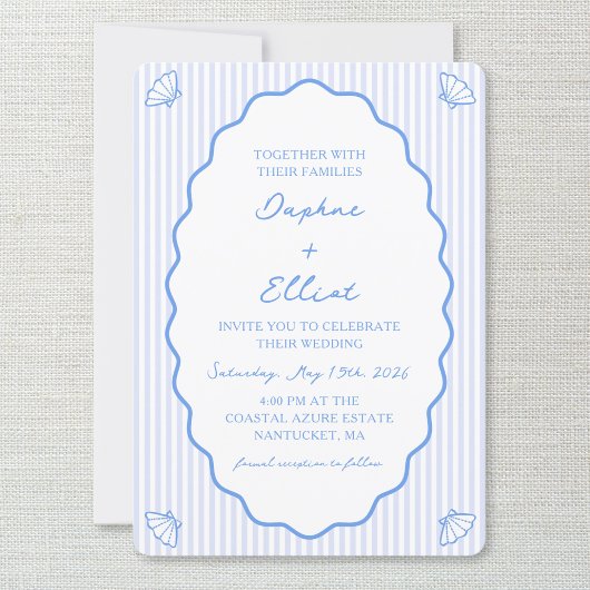 Coastal Chic Blue & White Striping Wavy Wedding Einladung
