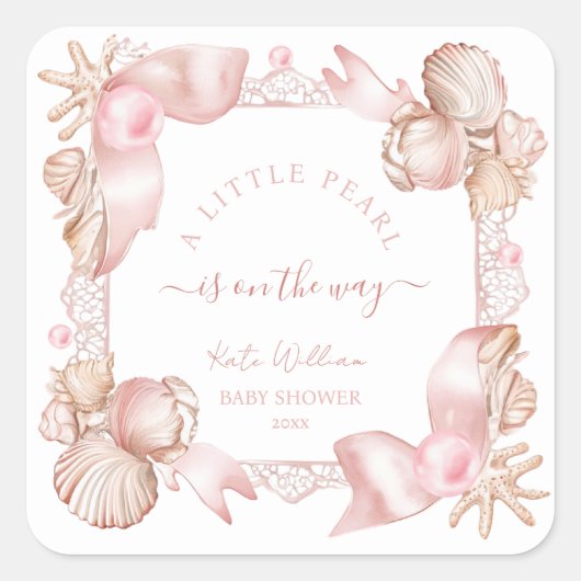 Coastal chic errush pink perl Baby Dusche Quadratischer Aufkleber (Vorderseite)