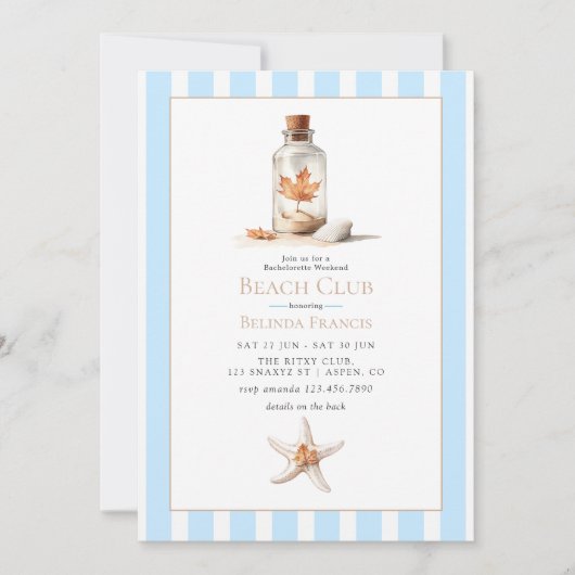 Coastal Chic Fall Beach Club Bachelorette Weekend Einladung (Vorderseite)
