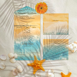 Coastal Chic Golden Sand Türkis Wasser Hochzeit All In One Einladung