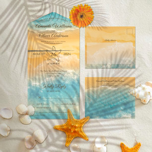 Coastal Chic Golden Sand Türkis Wasser Hochzeit All In One Einladung