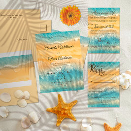 Coastal Chic Golden Sand Türkis Wasser Hochzeit Einladung