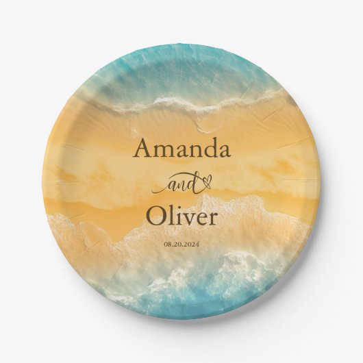 Coastal Chic Golden Sand Türkis Wasser Hochzeit Pappteller (Vorderseite)