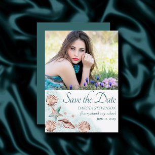Coastal Chic Graduate Foto Aquamarin und Koralle Save The Date