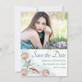 Coastal Chic | Graduate Foto Aquamarin und Koralle Save The Date (Vorderseite)