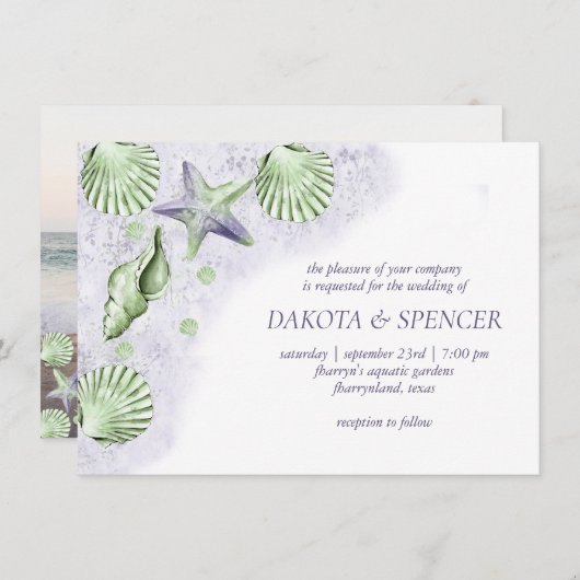 Coastal Chic | Lila Green Nautical Wedding Foto Einladung (Vorne/Hinten)