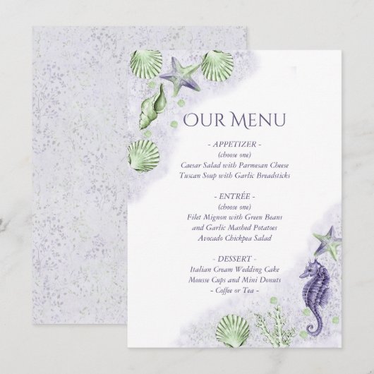 Coastal Chic | Lila und grüne Schönheitshochzeit Menükarte (Vorne/Hinten)