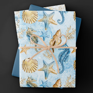 Coastal Chic   Modernes Blau und Gold im Meer Geschenkpapier Set